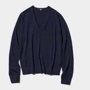 Uniqlo Navy Merino Wool V-Neck Sweater